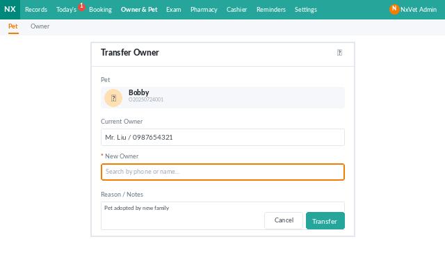 Detalle de transferencia de propietario